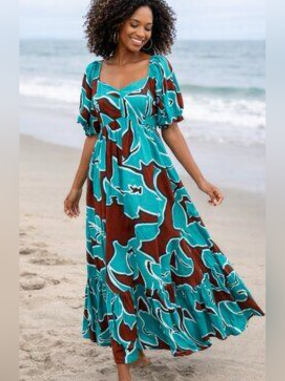 Nine West Teal and Brown Floral Puff-Sleeve Maxi Dress